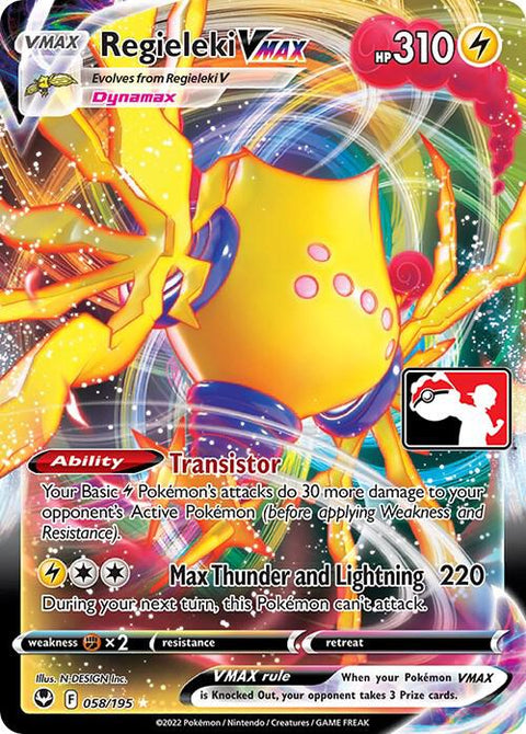 Regieleki VMAX - 058/195 - Prize Pack Series Three — Play! Pokémon stamped prize pack card