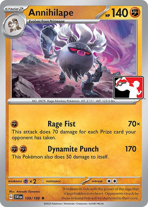 Annihilape - 109/198 - Prize Pack Series Three — Play! Pokémon stamped prize pack card
