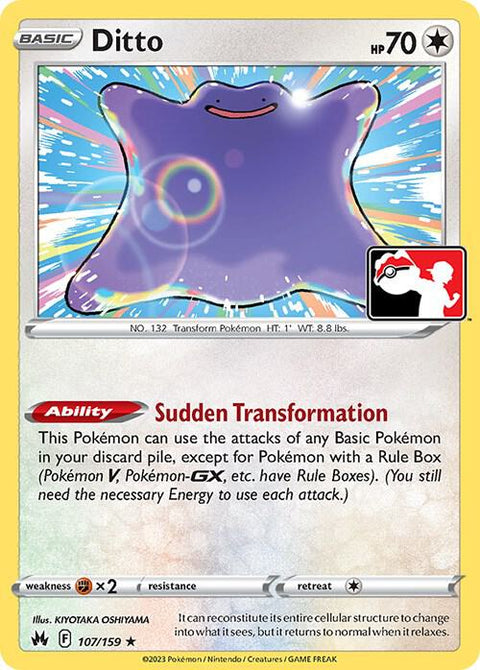 Ditto - 107/159 - Prize Pack Series Three — Play! Pokémon stamped prize pack card