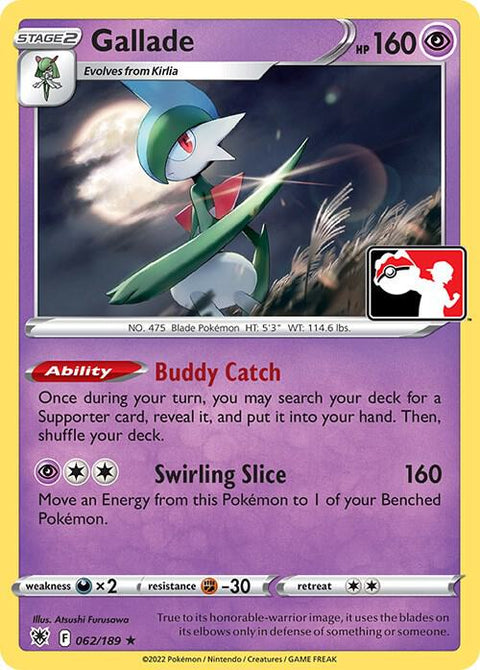 Gallade - 062/198 - Prize Pack Series Three — Play! Pokémon stamped prize pack card