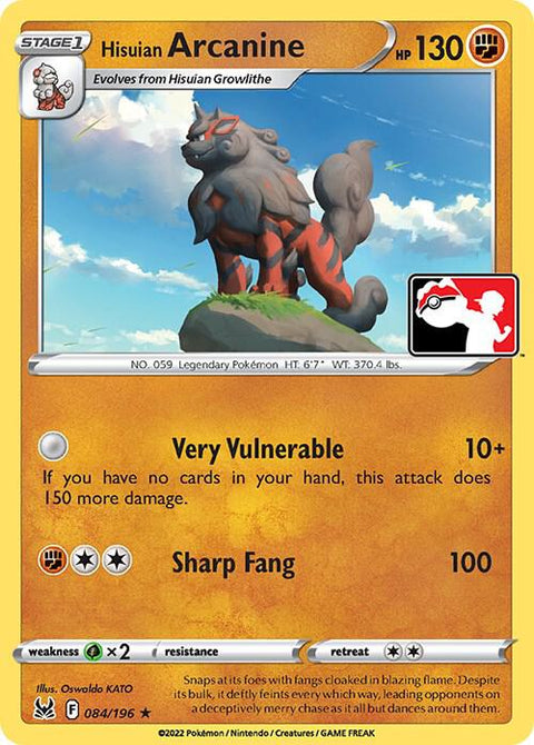 Hisuian Arcanine - 084/196 - Prize Pack Series Three — Play! Pokémon stamped prize pack card
