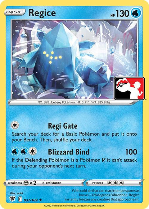 Regice - 037/189 - Prize Pack Series Three — Play! Pokémon stamped prize pack card