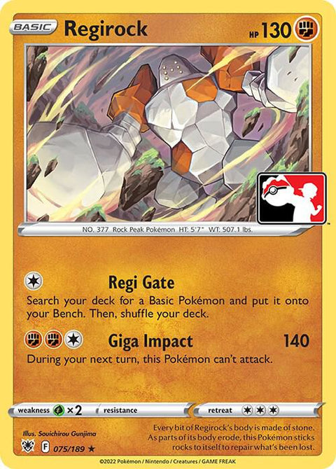 Regirock - 075/189 - Prize Pack Series Three — Play! Pokémon stamped prize pack card