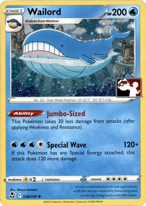 Wailord - 038/195 - Prize Pack Series Four — Play! Pokémon stamped prize pack card