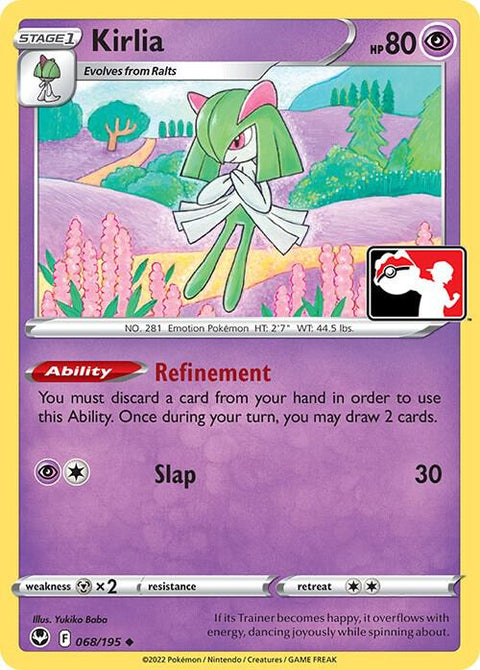 Kirlia - 068/195 - Prize Pack Series Four — Play! Pokémon stamped prize pack card
