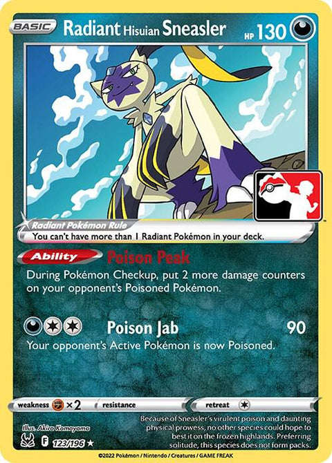 Radiant Hisuian Sneasler - 123/172 - Prize Pack Series Three — Play! Pokémon stamped prize pack card