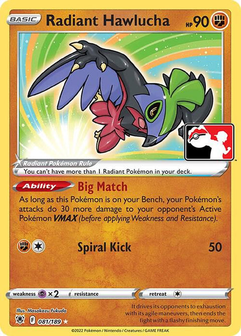 Radiant Hawlucha - 081/198 - Prize Pack Series Three — Play! Pokémon stamped prize pack card