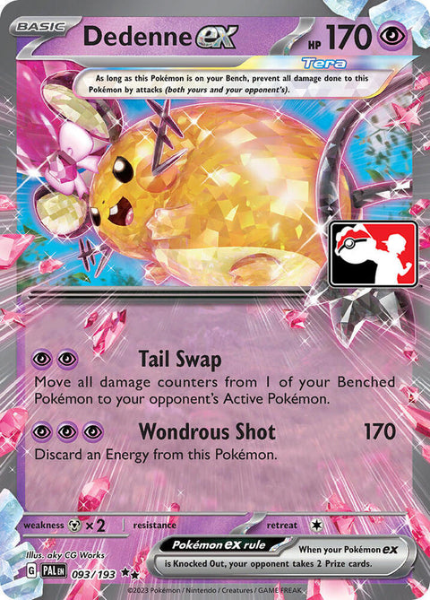 Dedenne ex - 093/193 - Prize Pack Series Four — Play! Pokémon stamped prize pack card