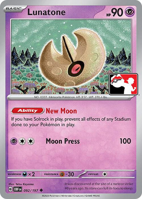 Lunatone - 092/197 - Prize Pack Series Four — Play! Pokémon stamped prize pack card