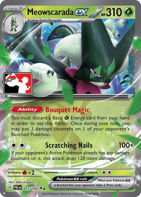Meowscarada ex - 015/193 - Prize Pack Series Four — Play! Pokémon stamped prize pack card