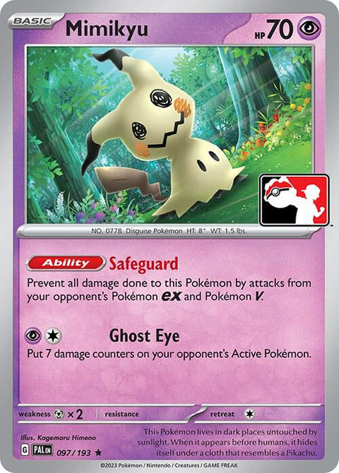 Mimikyu - 097/193 - Prize Pack Series Four — Play! Pokémon stamped prize pack card