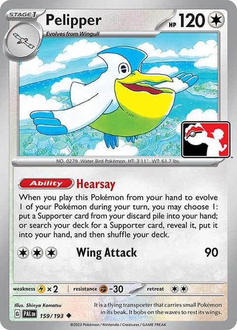 Pelipper - 159/193 - Prize Pack Series Four — Play! Pokémon stamped prize pack card