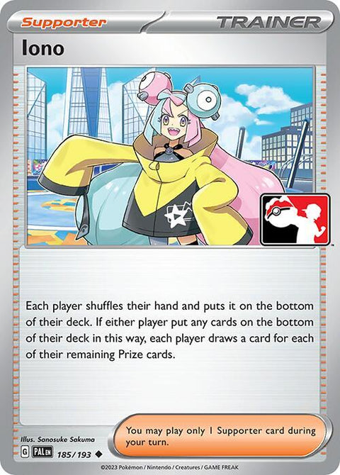 Iono - 185/193 - Prize Pack Series Five — Play! Pokémon stamped prize pack card