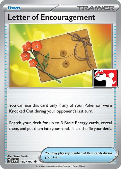 Letter of Encouragement - 189/193 - Prize Pack Series Four — Play! Pokémon stamped prize pack card