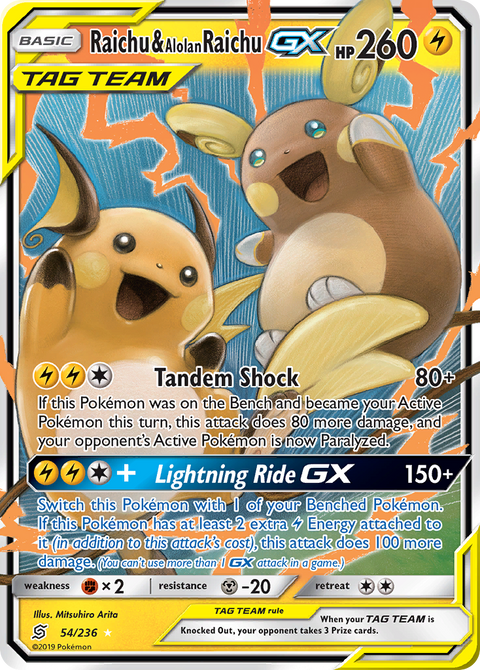 Raichu & Alolan Raichu-GX 54 Unified Minds Pokémon card