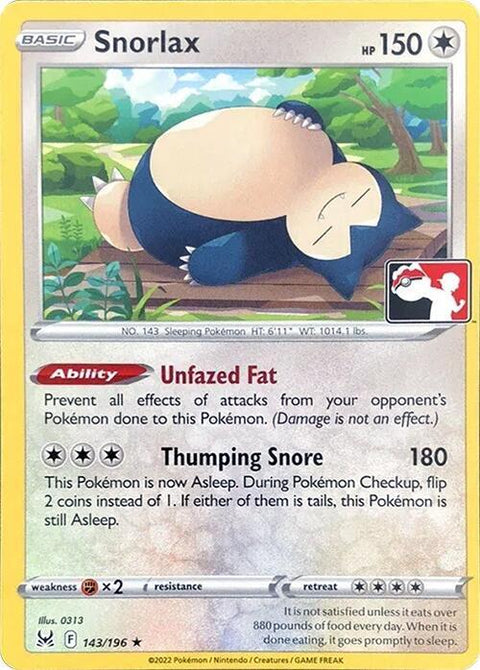 Snorlax - 143/189 - Prize Pack Series Three — Play! Pokémon stamped prize pack card