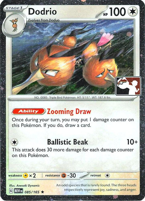 Dodrio - 085/165 - Prize Pack Series Five — Play! Pokémon stamped prize pack card