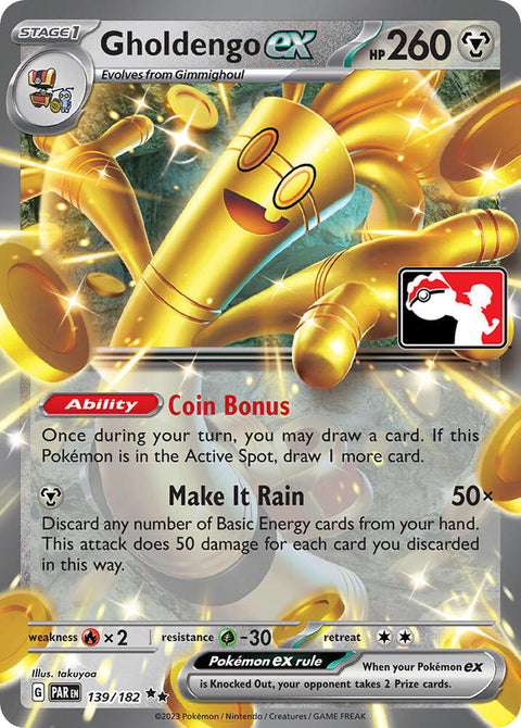 Gholdengo ex - 139/182 - Prize Pack Series Five — Play! Pokémon stamped prize pack card