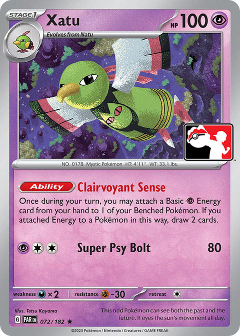 Xatu - 072/182 - Prize Pack Series Five — Play! Pokémon stamped prize pack card