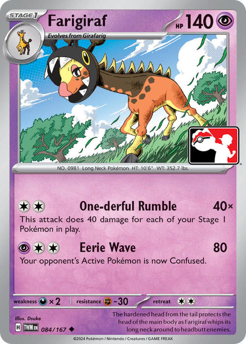 Farigiraf - 084/167 - Prize Pack Series Six — Play! Pokémon stamped prize pack card