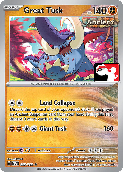 Great Tusk - 097/162 - Prize Pack Series Six — Play! Pokémon stamped prize pack card