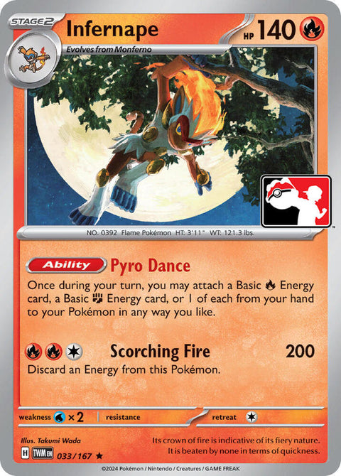 Infernape - 033/167 - Prize Pack Series Six — Play! Pokémon stamped prize pack card