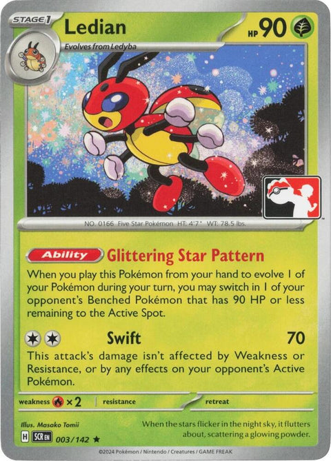 Ledian - 003/142 - Prize Pack Series Six — Play! Pokémon stamped prize pack card