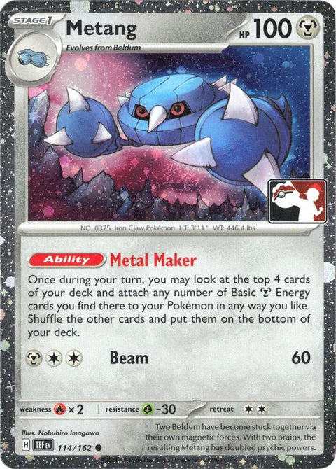 Metang - 114/162 - Prize Pack Series Six — Play! Pokémon stamped prize pack card