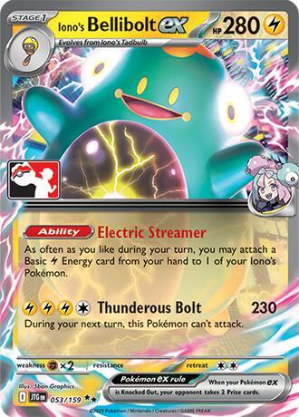 Iono's Bellibolt ex - 053/159 - Prize Pack Series Eight — Play! Pokémon stamped prize pack card