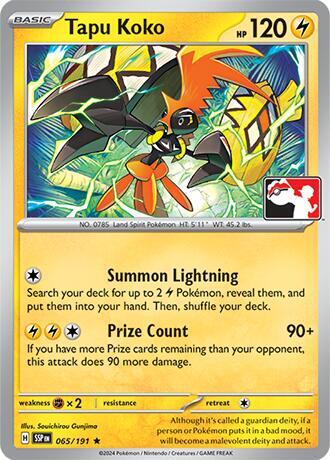 Tapu Koko - 065/191 - Prize Pack Series Seven — Play! Pokémon stamped prize pack card