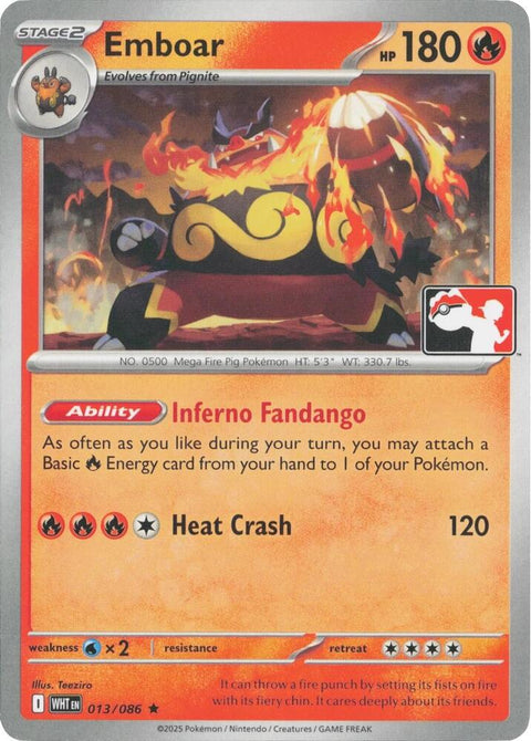 Emboar - 013/086 - Prize Pack Series Eight — Play! Pokémon stamped prize pack card