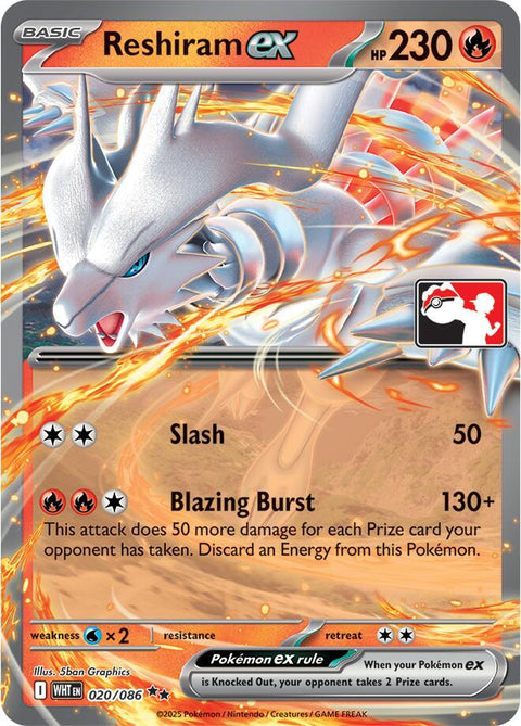 Reshiram ex - 020/182 - Prize Pack Series Eight — Play! Pokémon stamped prize pack card