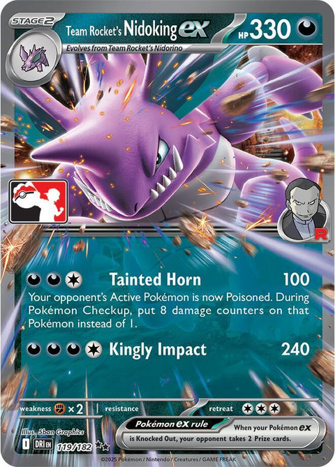 Team Rocket's Nidoking ex - 119/132 - Prize Pack Series Eight — Play! Pokémon stamped prize pack card