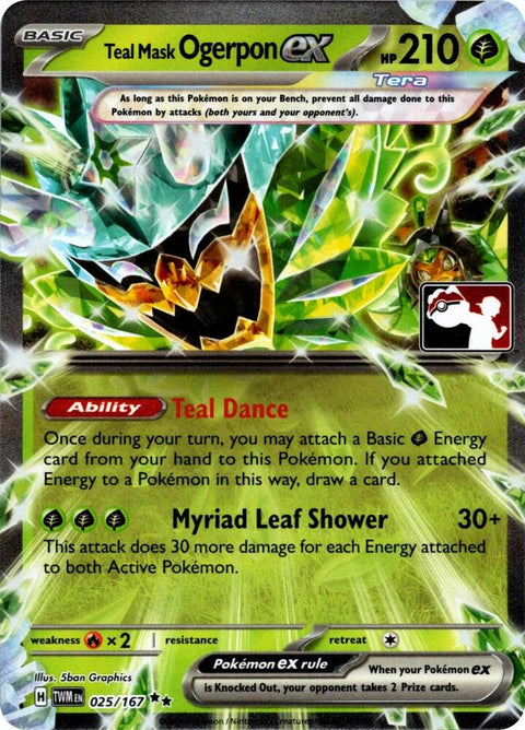 Teal Mask Ogerpon ex - 025/167 - Prize Pack Series Seven — Play! Pokémon stamped prize pack card