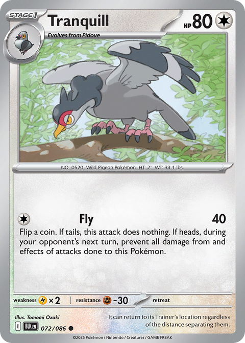 Tranquill 72 Black Bolt Pokémon card
