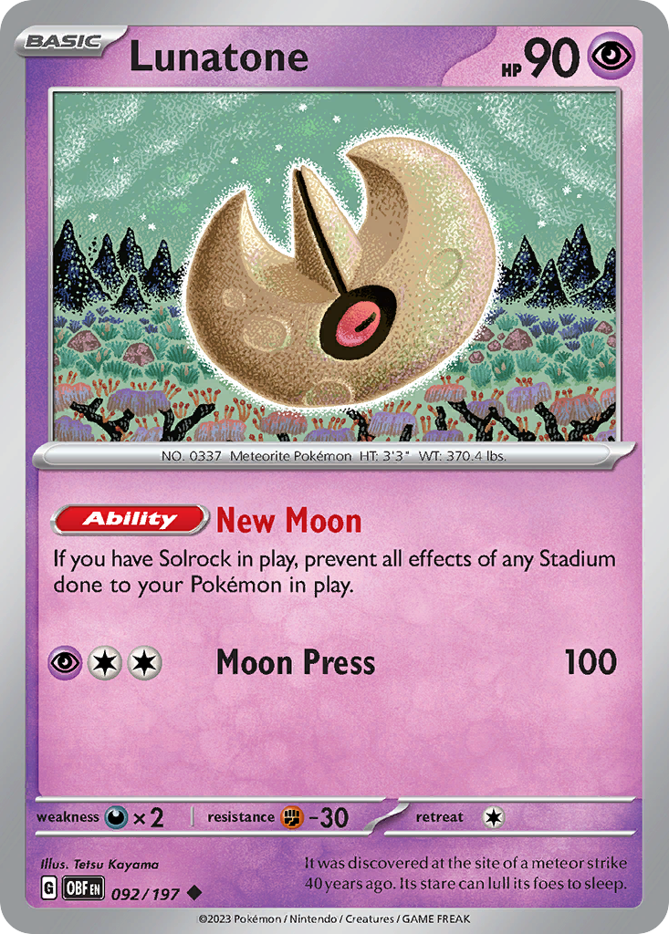 Lunatone 92 Obsidian Flames Pokémon card