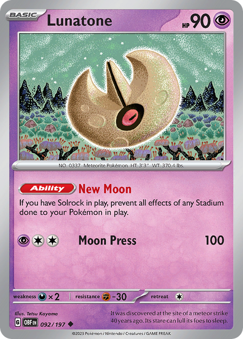 Lunatone 92 Obsidian Flames Pokémon card