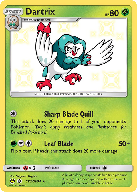 Dartrix SV3 Hidden Fates Shiny Vault Pokémon card