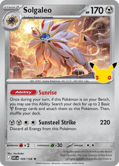 Solgaleo 105 30th Celebration Pokémon card