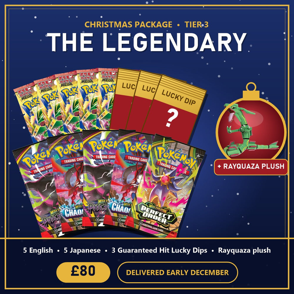Christmas Package — Tier 3: The Legendary (5 English + 5 Japanese + 3 Lucky Dips + Rayquaza Plush)
