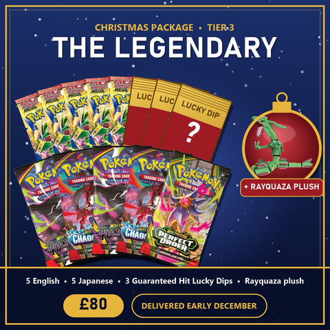 Christmas Package — Tier 3: The Legendary (5 English + 5 Japanese + 3 Lucky Dips + Rayquaza Plush)